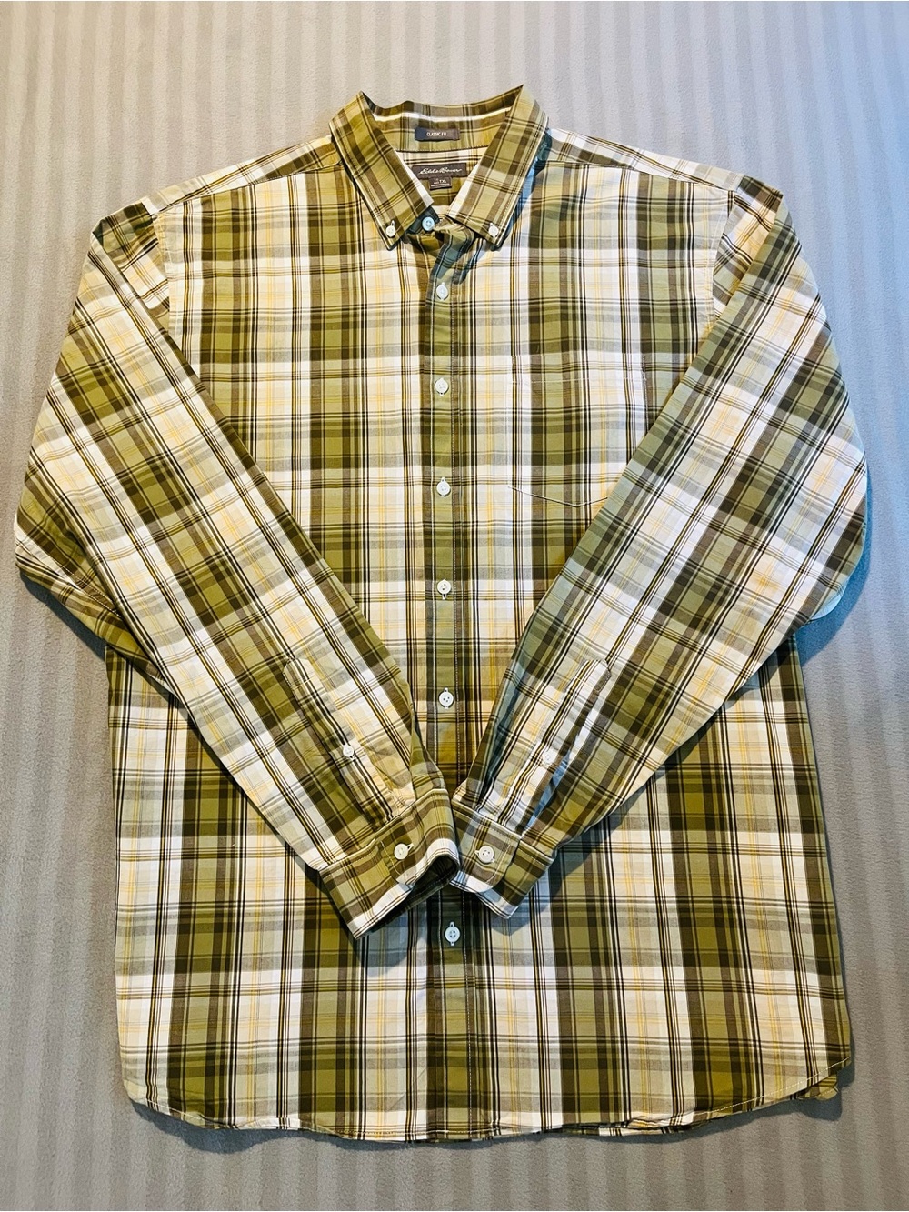 Eddie Bauer Olive and Cream Plaid Button-Down Shirt